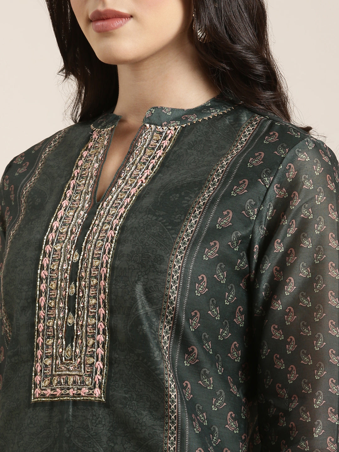 Women Straight Green Paisley Kurta and Trousers Set Comes With Dupatta