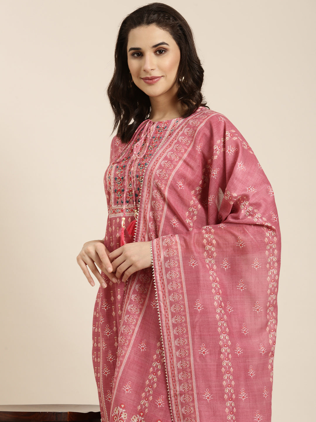 Women Straight Pink Ethnic Motifs Kurta and Trousers Set Comes With Dupatta