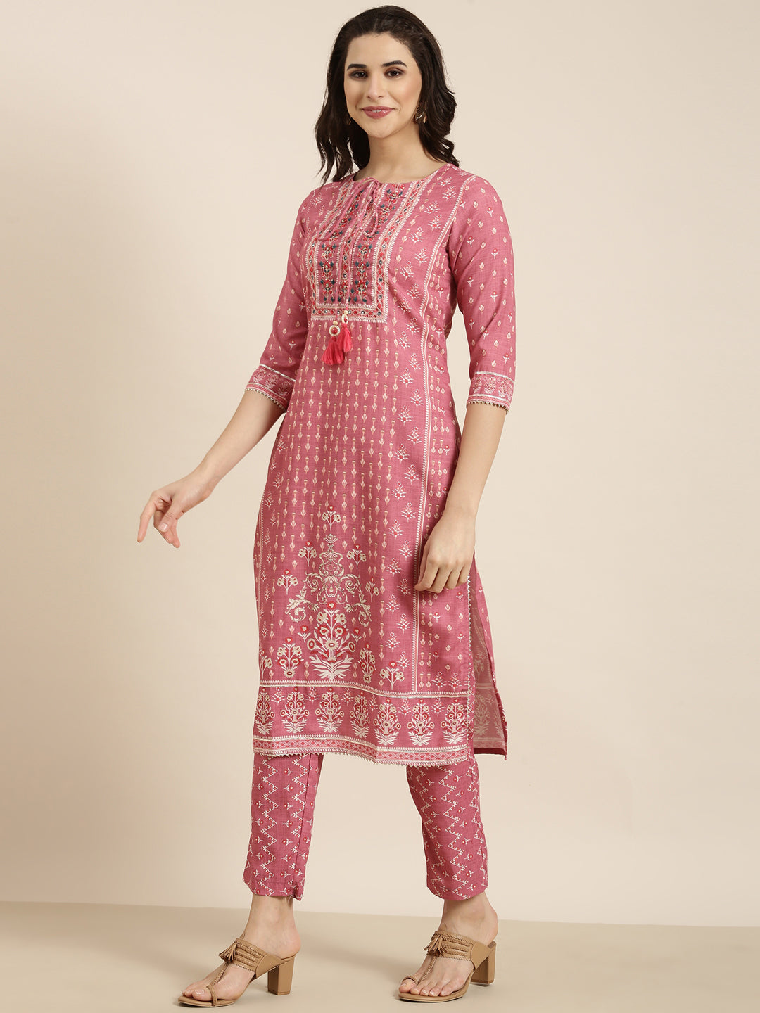 Women Straight Pink Ethnic Motifs Kurta and Trousers Set Comes With Dupatta