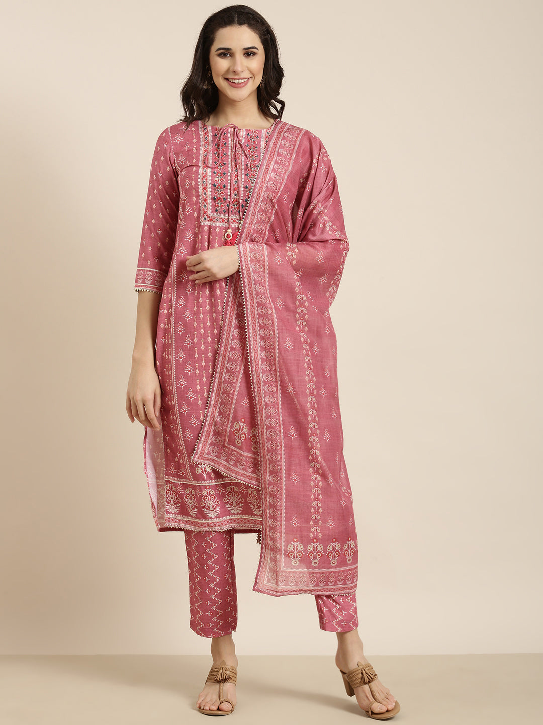 Women Straight Pink Ethnic Motifs Kurta and Trousers Set Comes With Dupatta