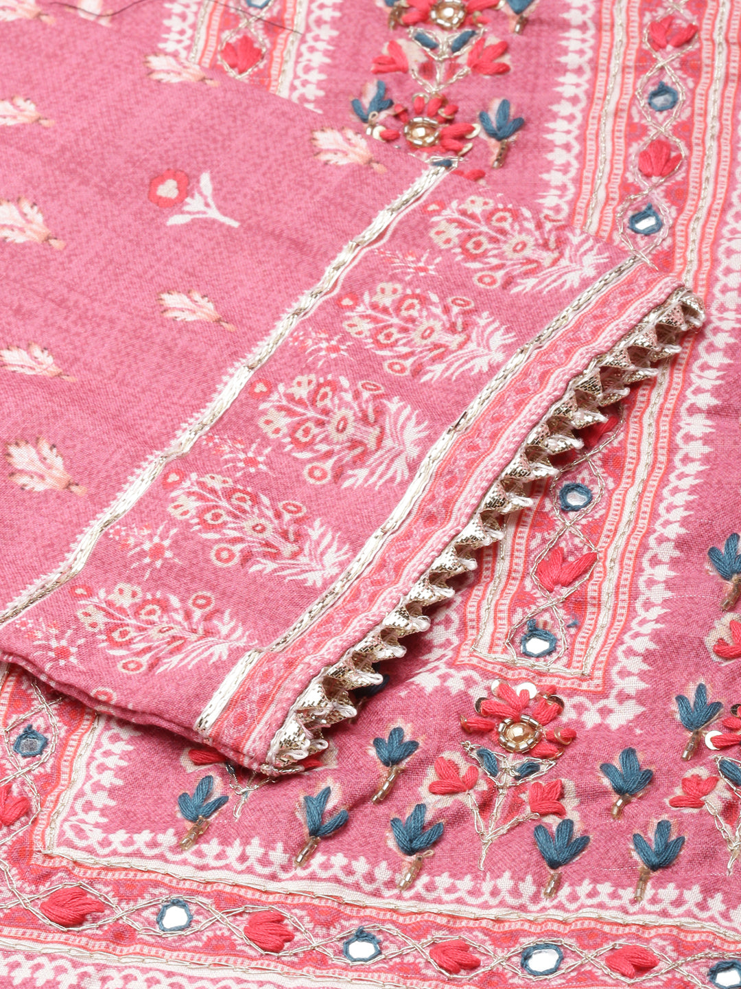 Women Straight Pink Ethnic Motifs Kurta and Trousers Set Comes With Dupatta