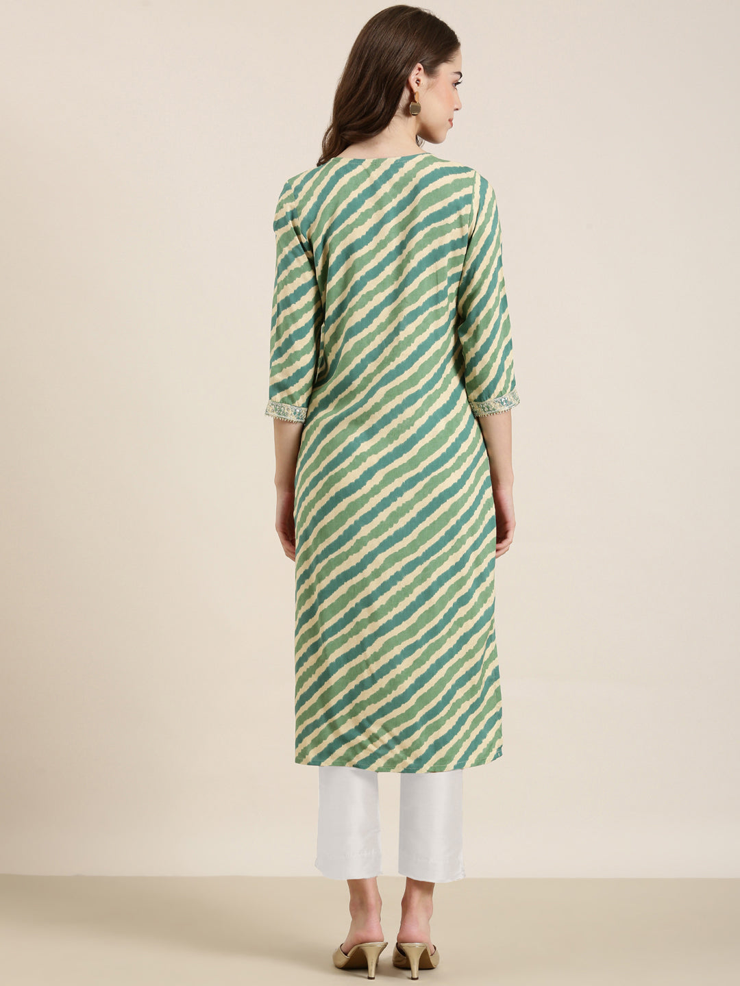 Women Green Striped Straight Kurta