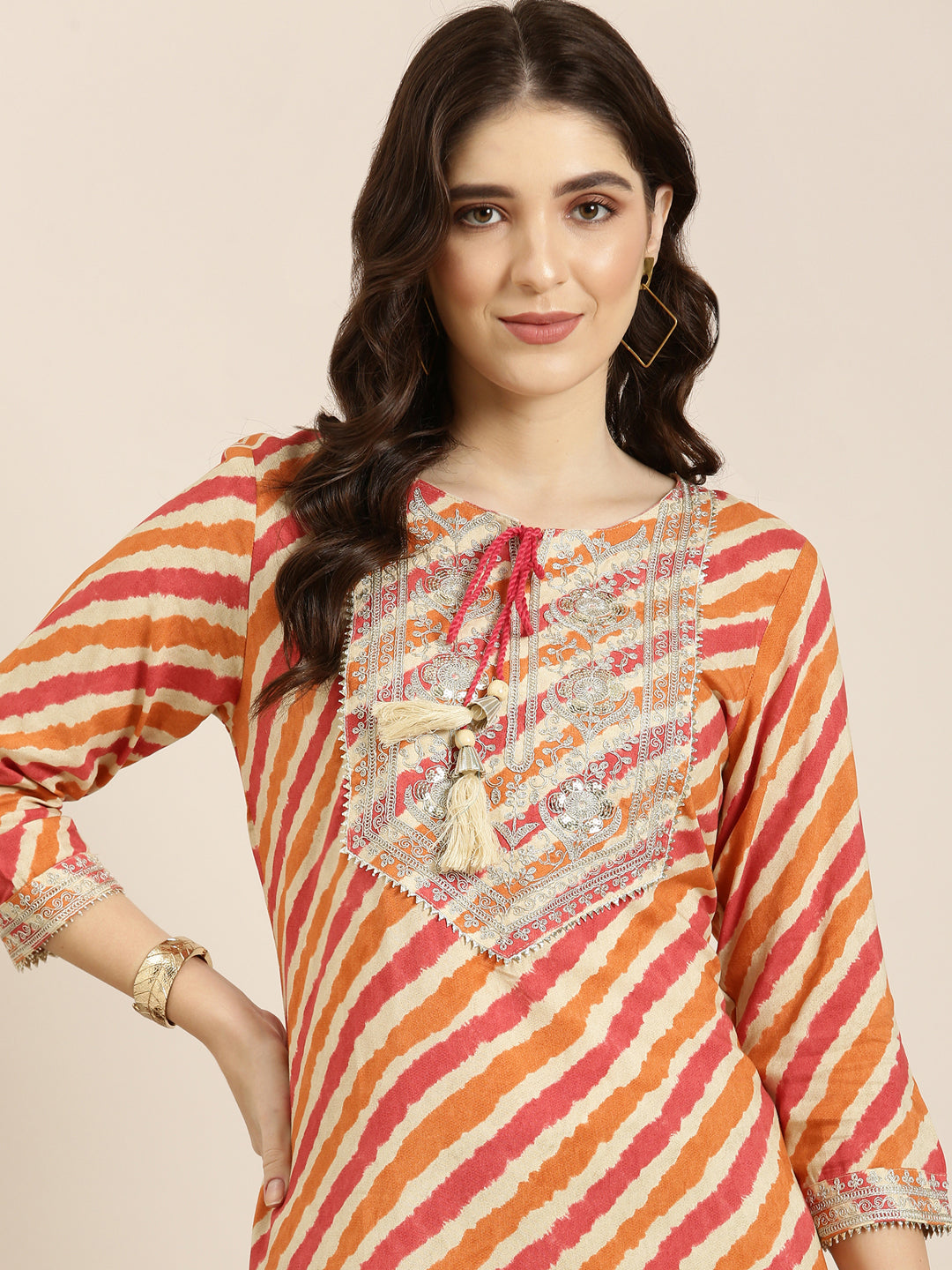 Women Orange Striped Straight Kurta