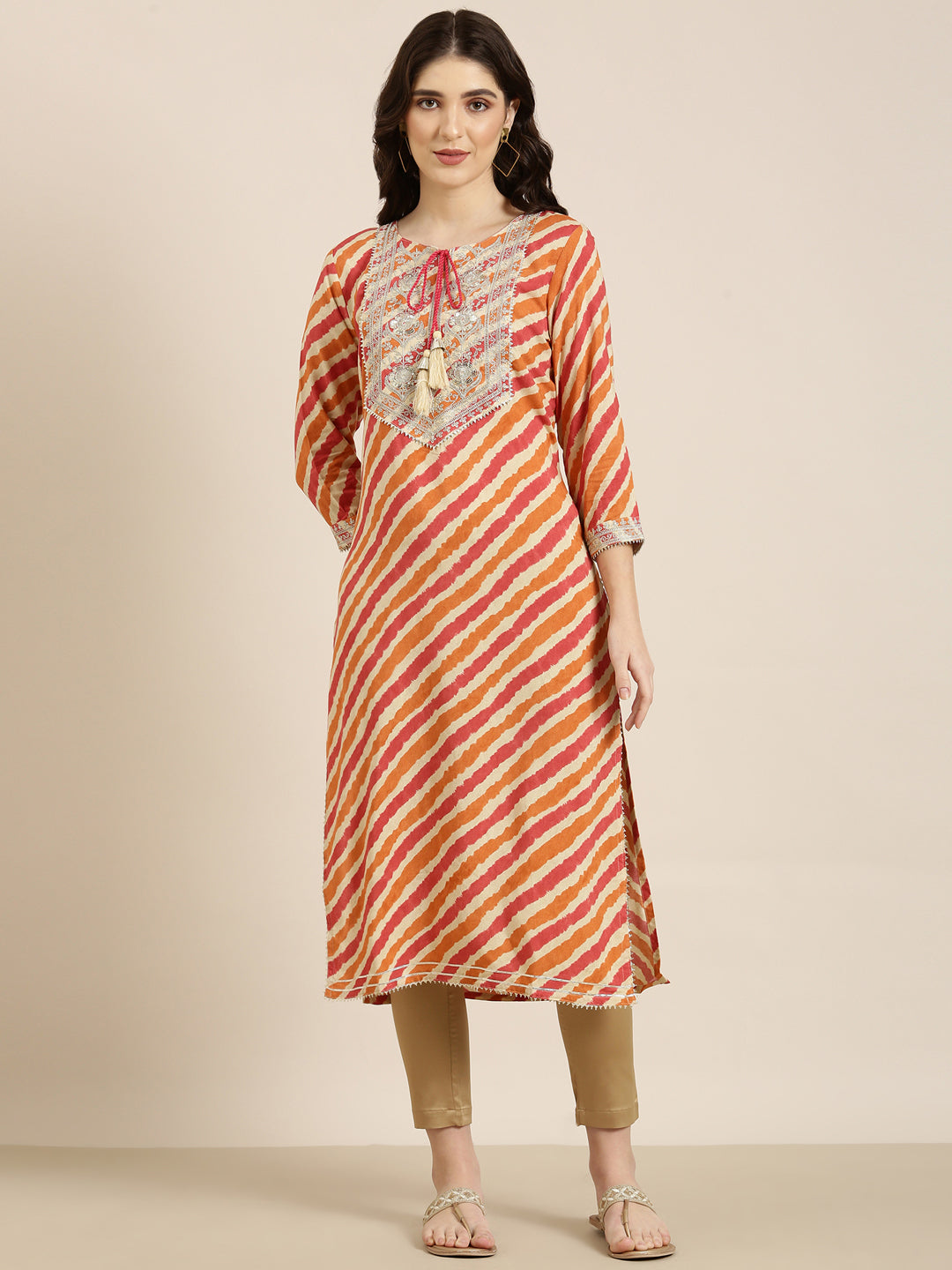 Women Orange Striped Straight Kurta