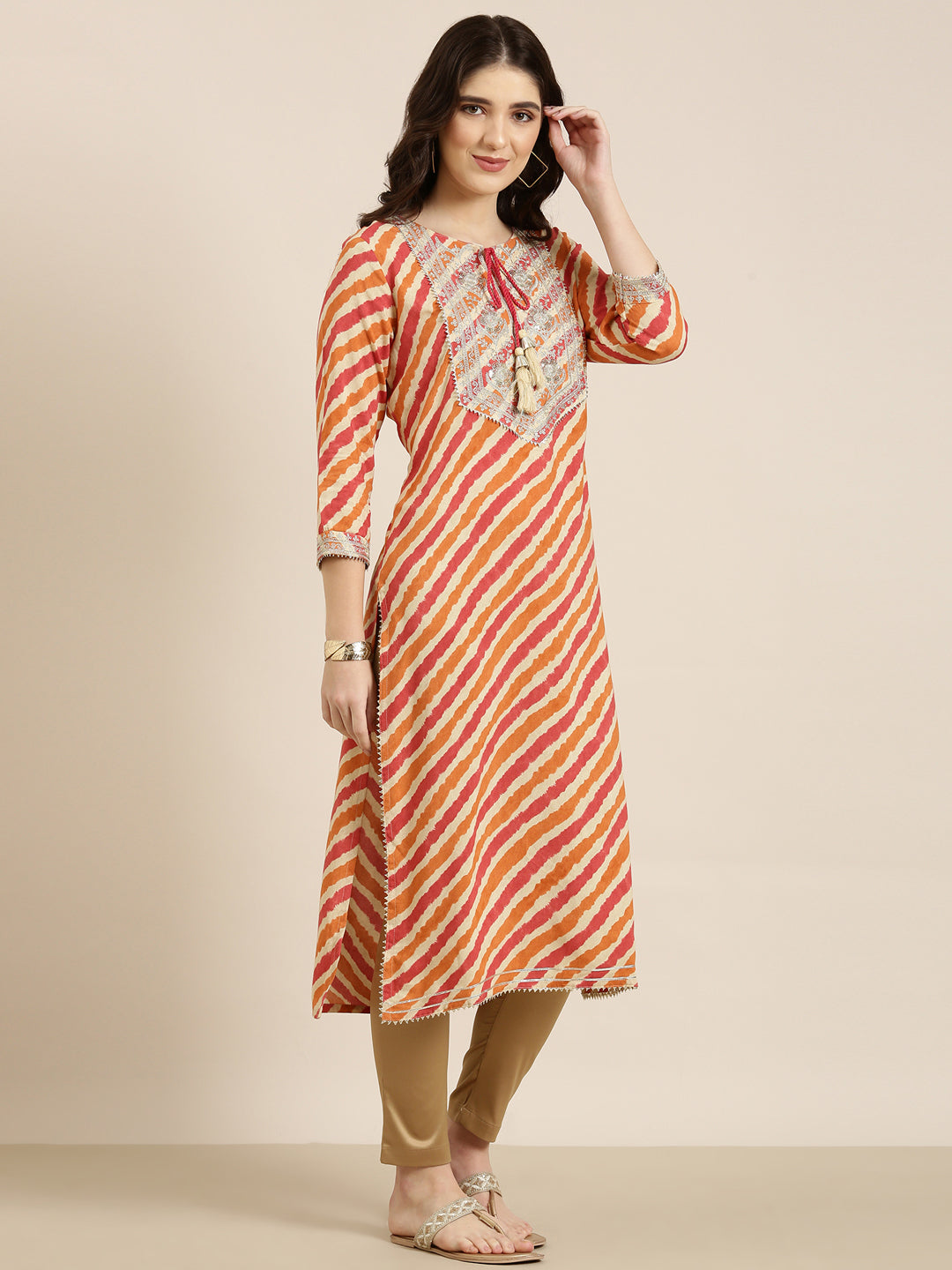 Women Orange Striped Straight Kurta