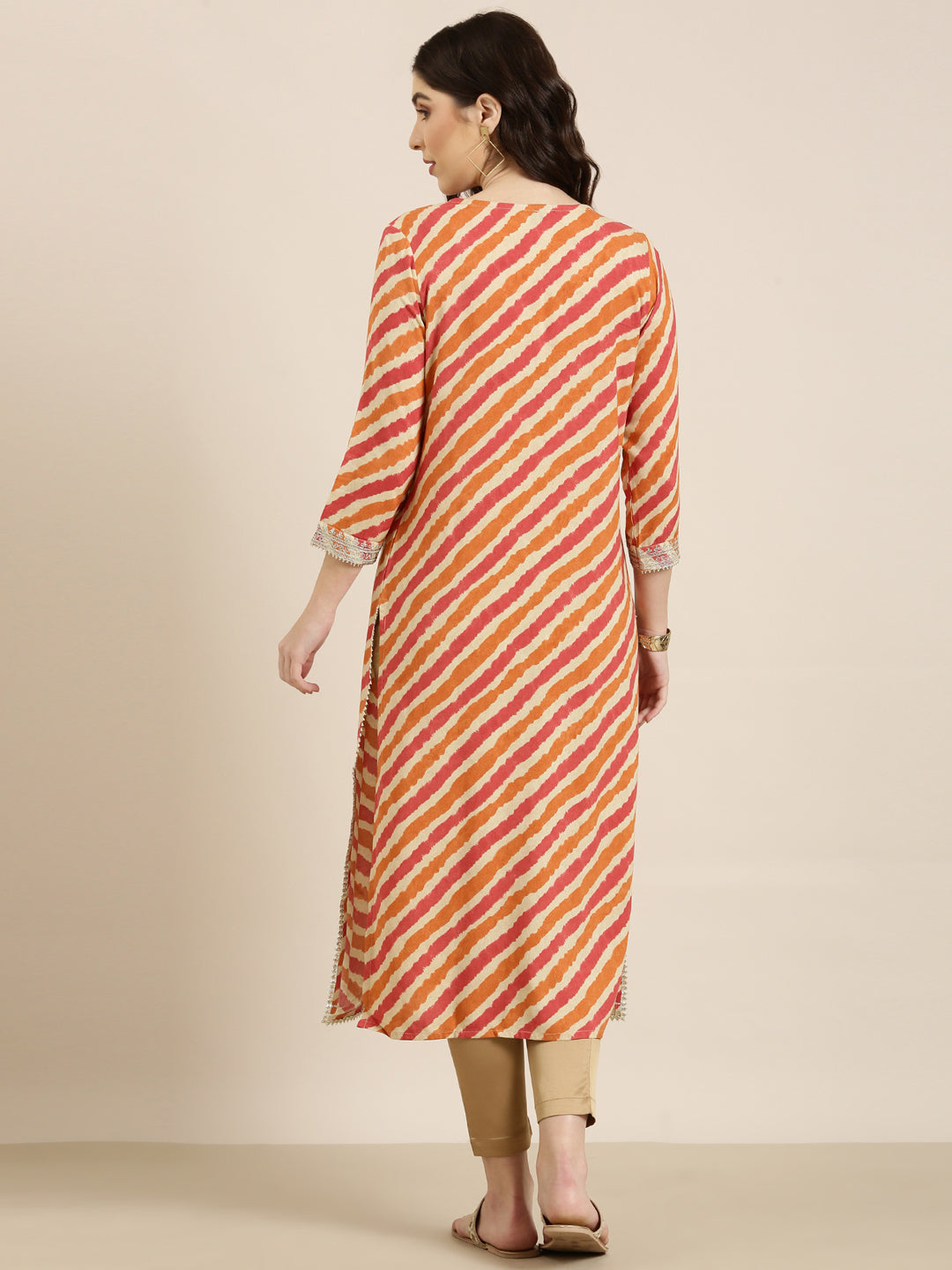 Women Orange Striped Straight Kurta