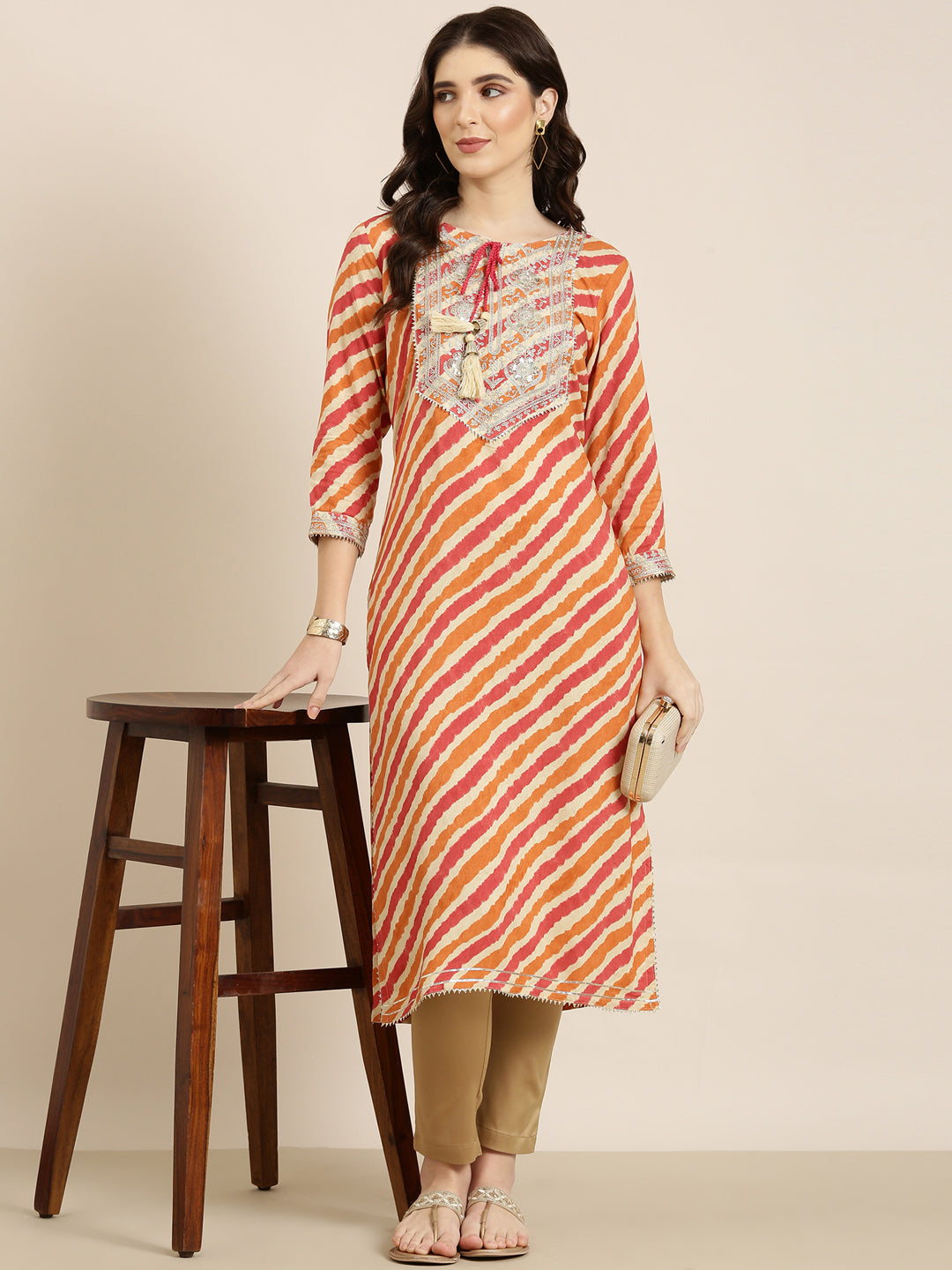 Women Orange Striped Straight Kurta