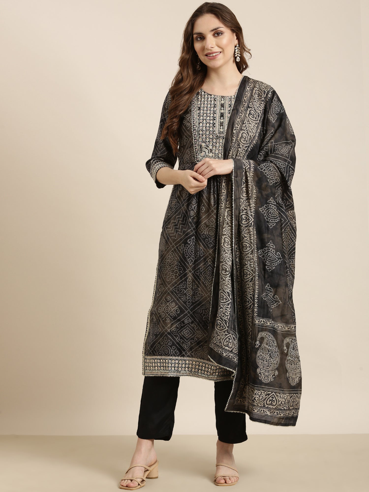 Women A-Line Black Bandhani Kurta and Trousers Set Comes With Dupatta