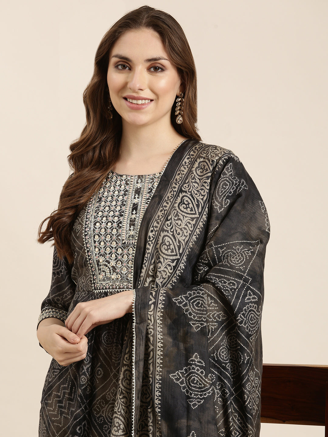 Women A-Line Black Bandhani Kurta and Trousers Set Comes With Dupatta