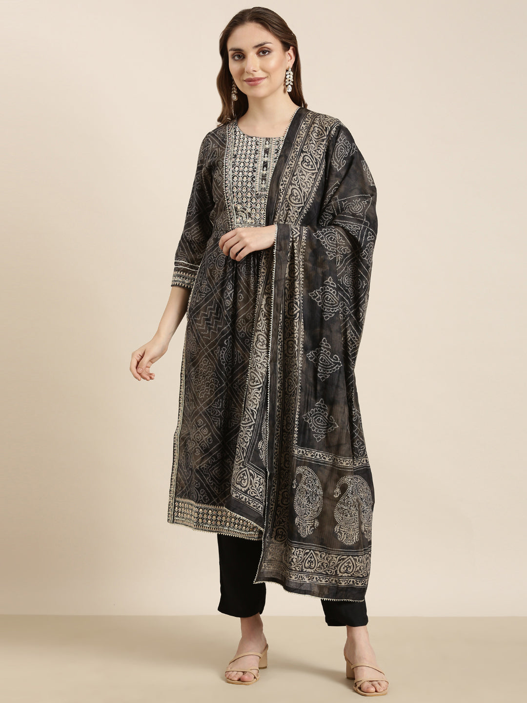 Women A-Line Black Bandhani Kurta and Trousers Set Comes With Dupatta