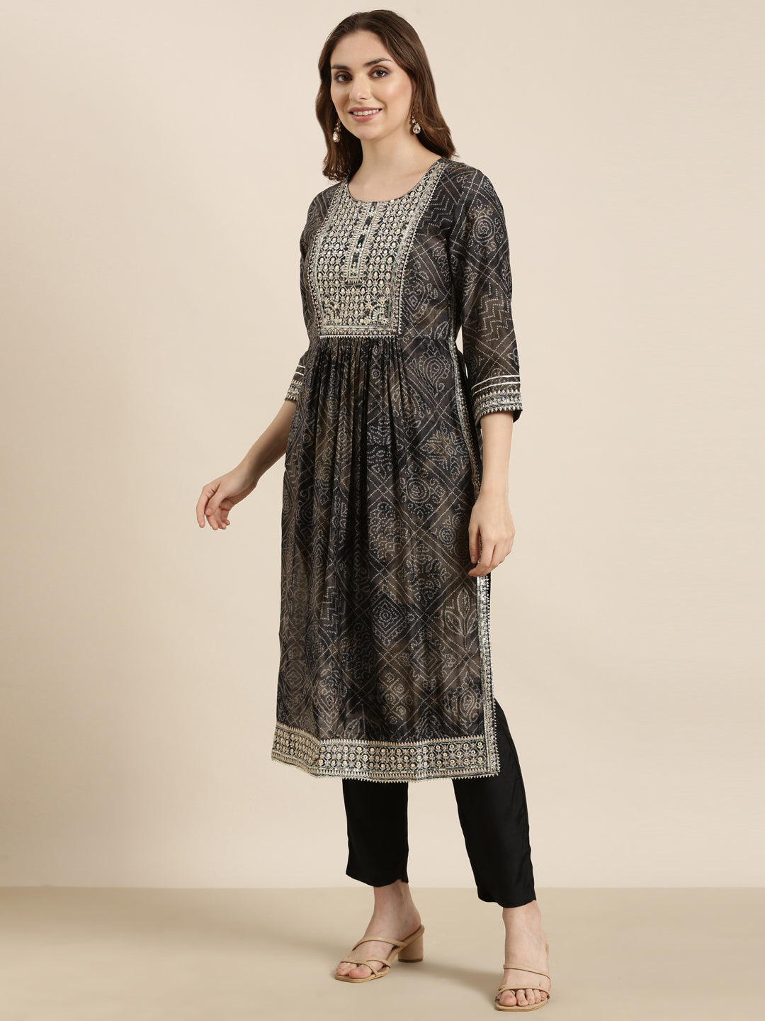 Women A-Line Black Bandhani Kurta and Trousers Set Comes With Dupatta