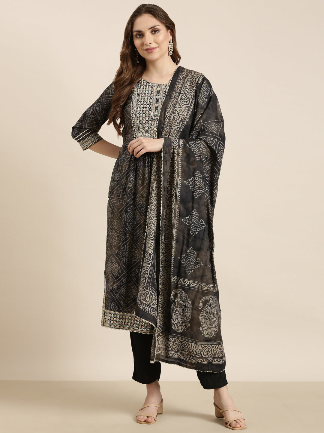 Women A-Line Black Bandhani Kurta and Trousers Set Comes With Dupatta