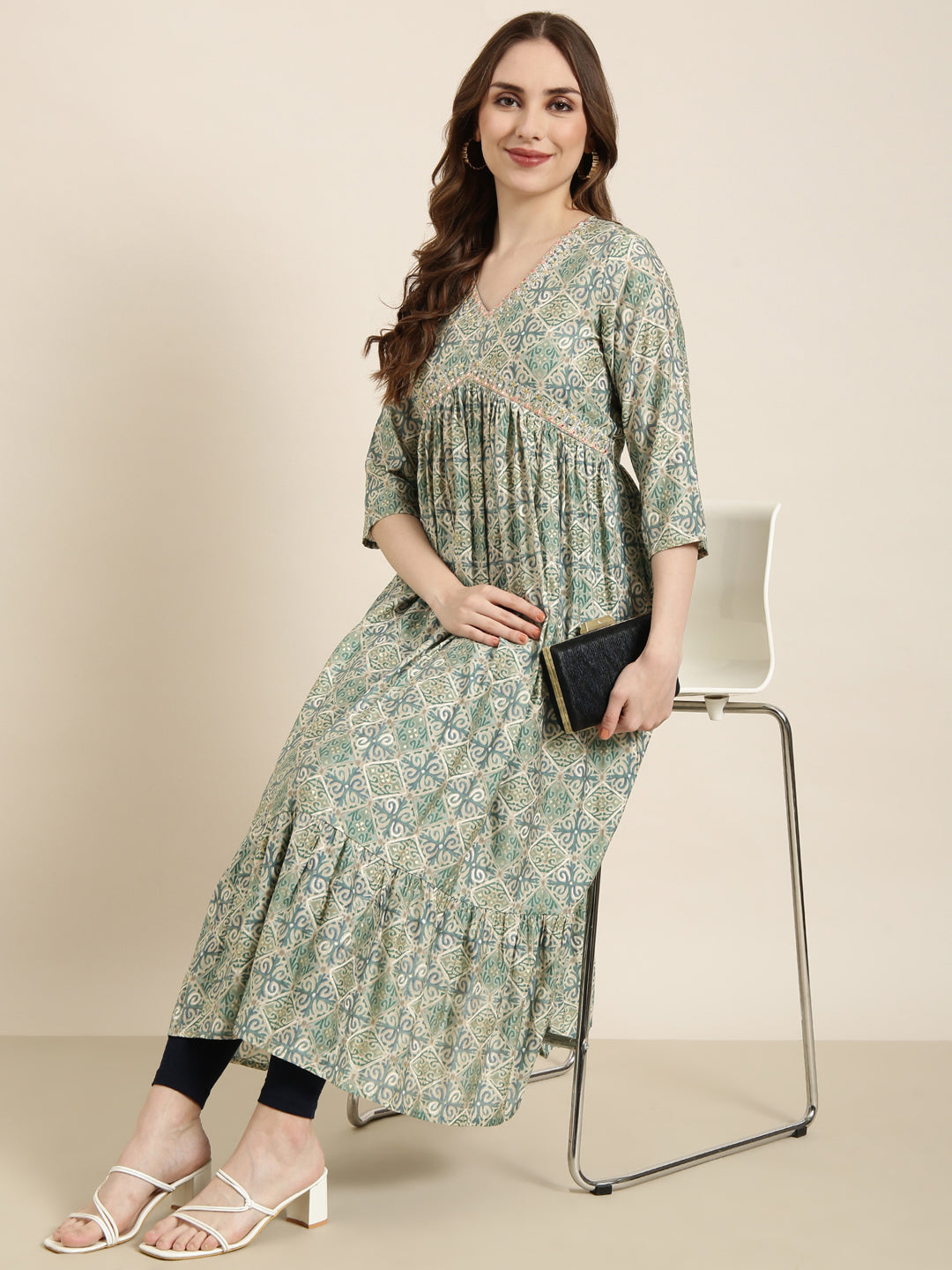 Women Anarkali Sea Green Ethnic Motifs Kurta