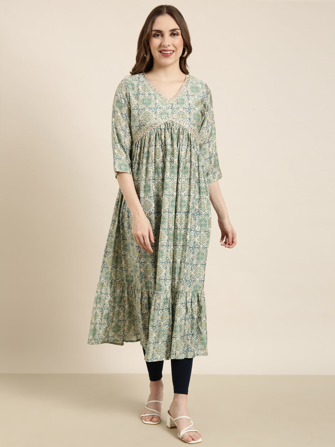 Women Anarkali Sea Green Ethnic Motifs Kurta