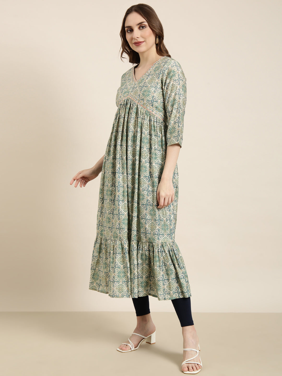 Women Anarkali Sea Green Ethnic Motifs Kurta