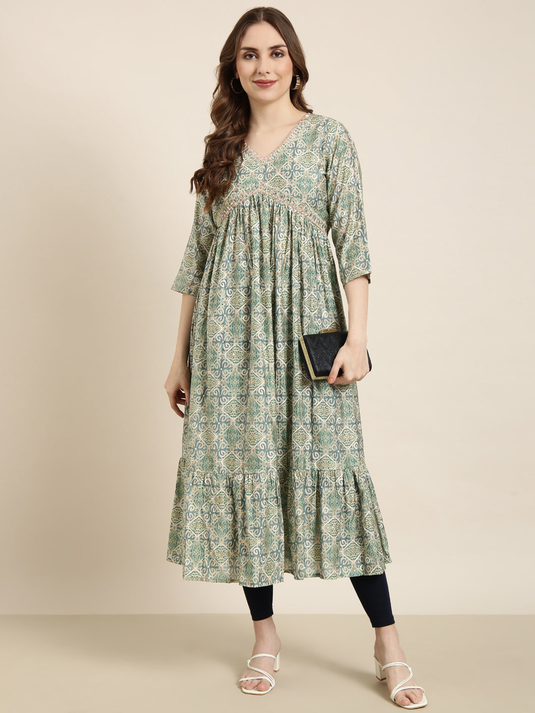 Women Anarkali Sea Green Ethnic Motifs Kurta