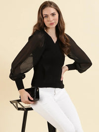 Women's Black V-Neck Cuffed Sleeves Wrap Top