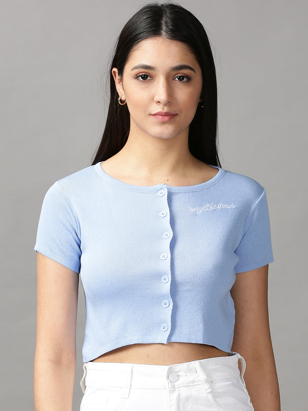 Women's Blue Solid Fitted Crop Top