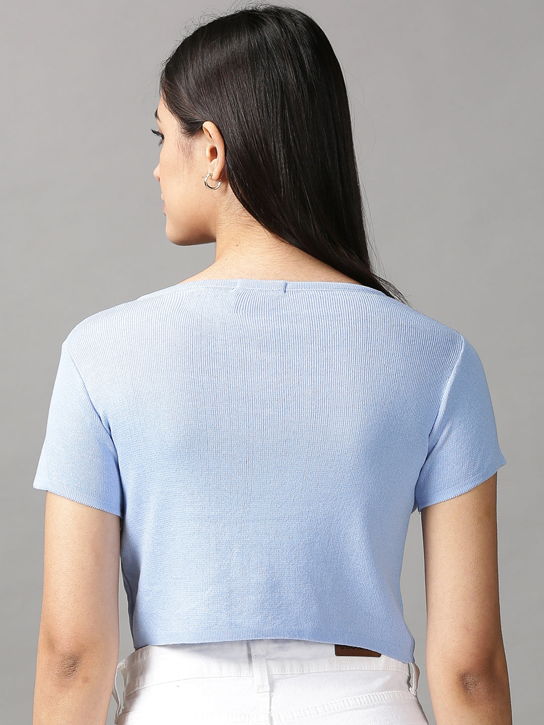 Women's Blue Solid Fitted Crop Top