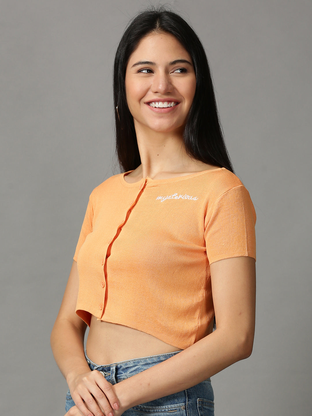 Women's Orange Solid Fitted Crop Top