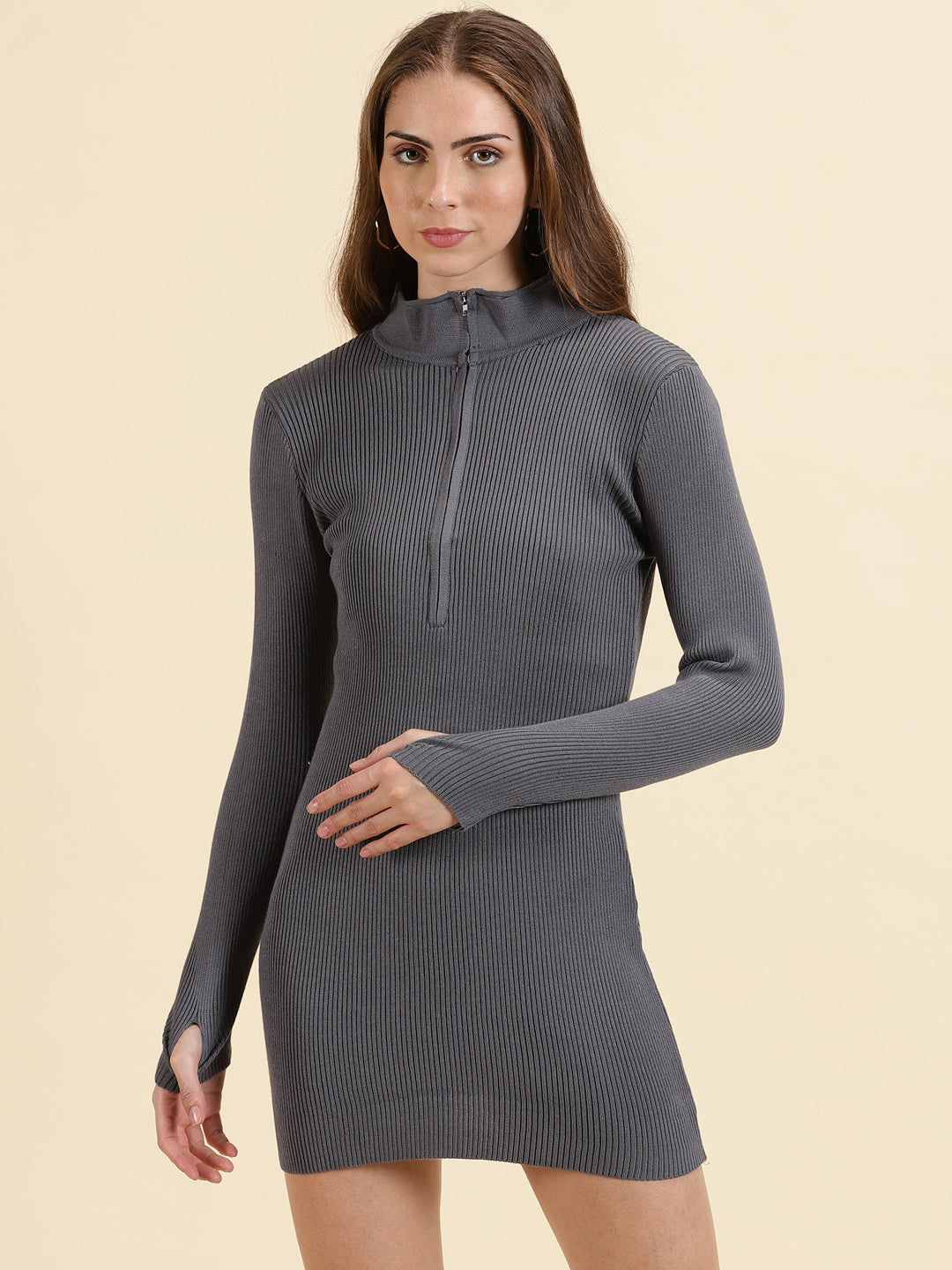 Women's Grey Solid Bodycon Dress