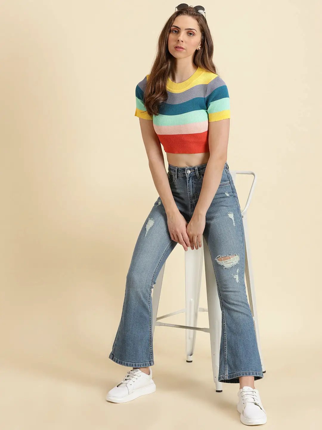 Women's Multi Colourblock Fitted Crop Top