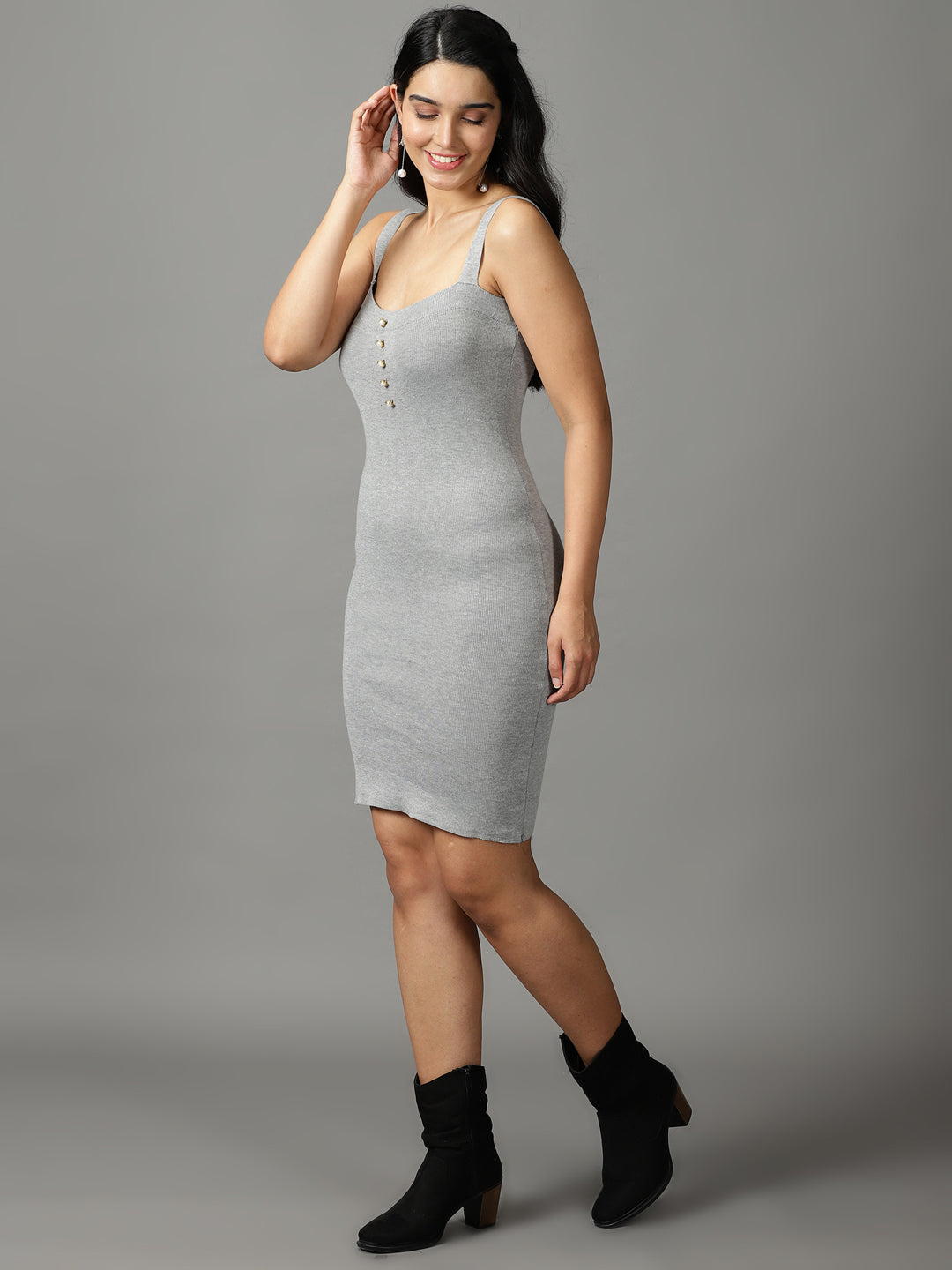 Women's Grey Solid Bodycon Dress