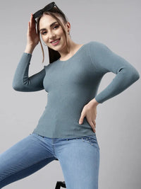 Women's Grey Self Design Long Sleeves Top