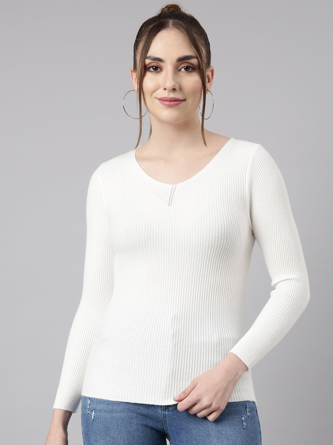 Women Off White Solid Fitted Top