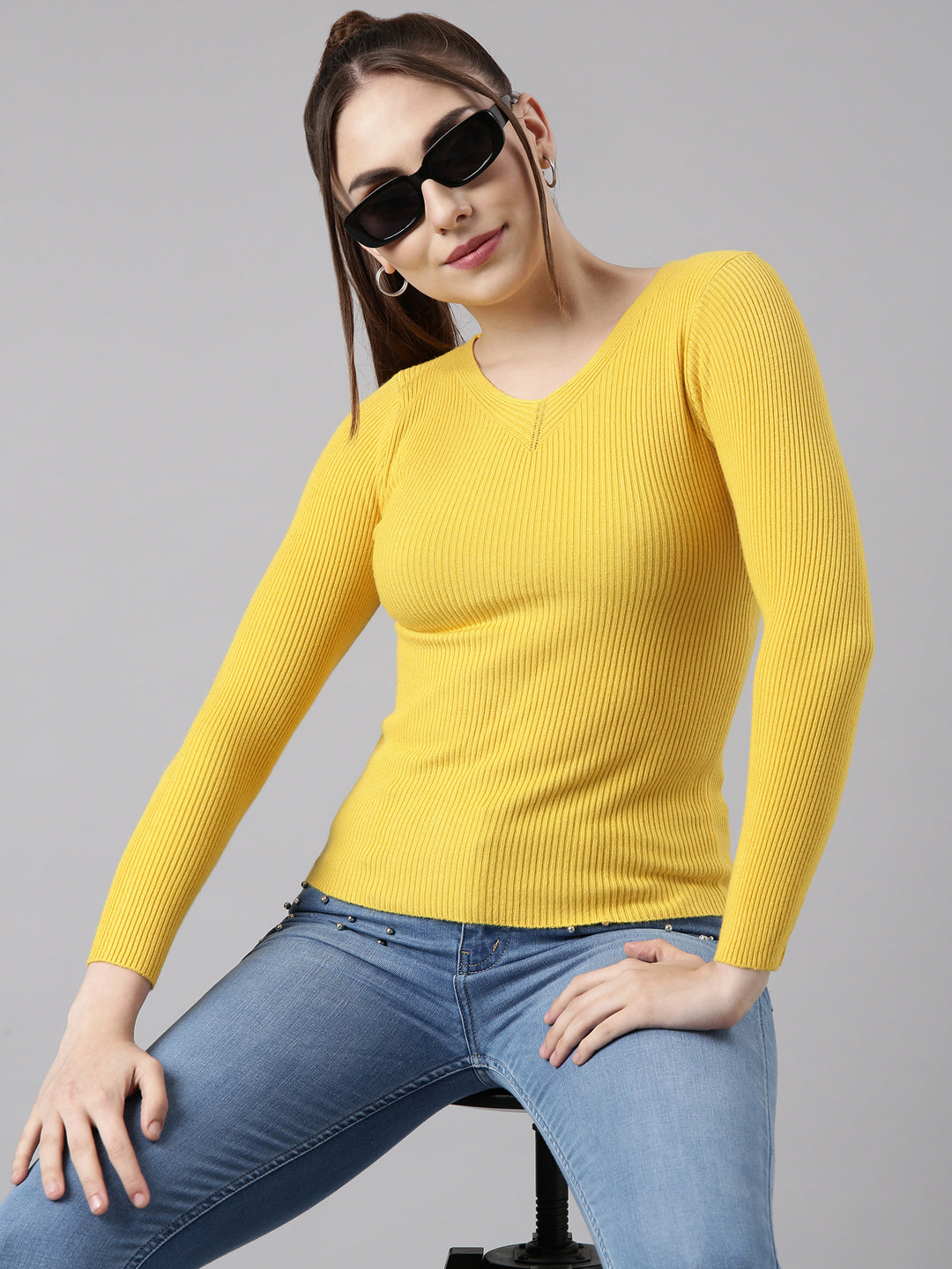 Women's Yellow Solid Fitted Top