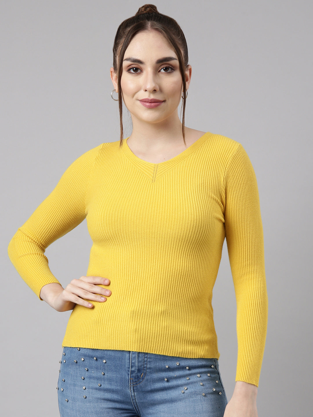 Women's Yellow Solid Fitted Top