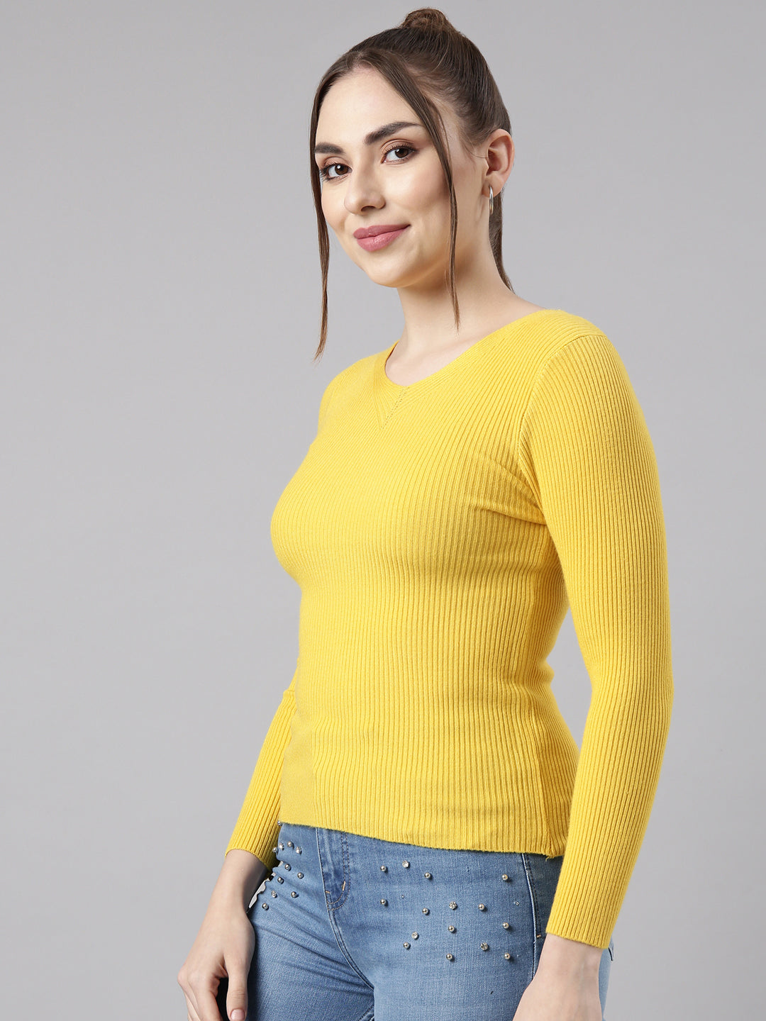 Women's Yellow Solid Fitted Top