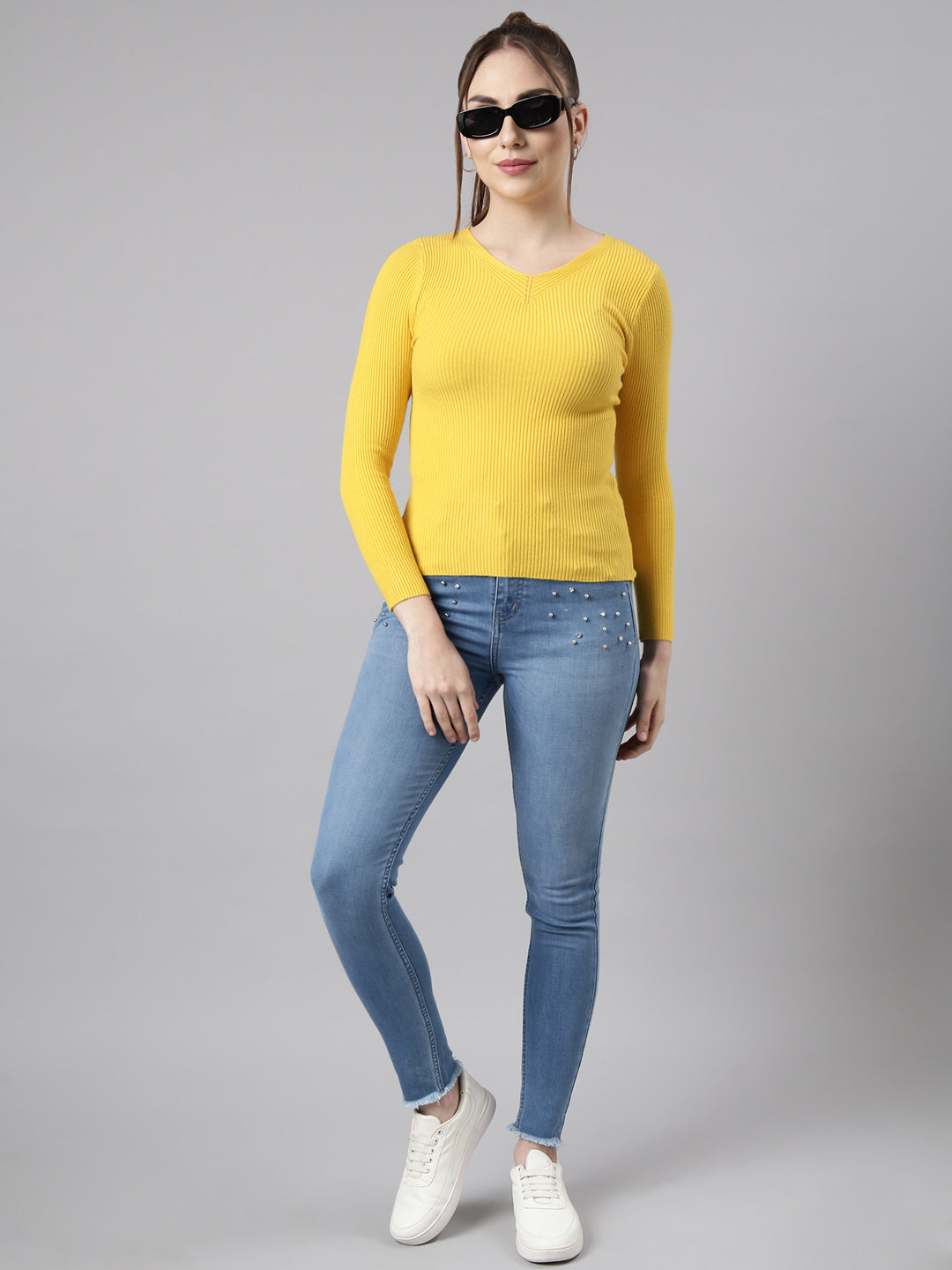 Women's Yellow Solid Fitted Top