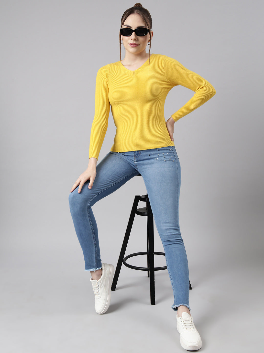 Women's Yellow Solid Fitted Top