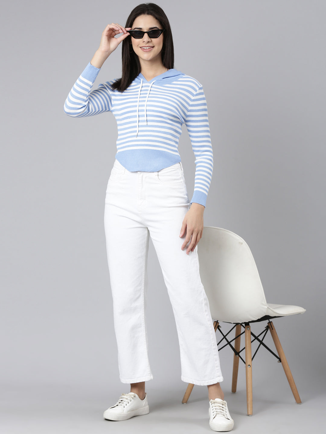 Women Blue Striped Sweatshirt