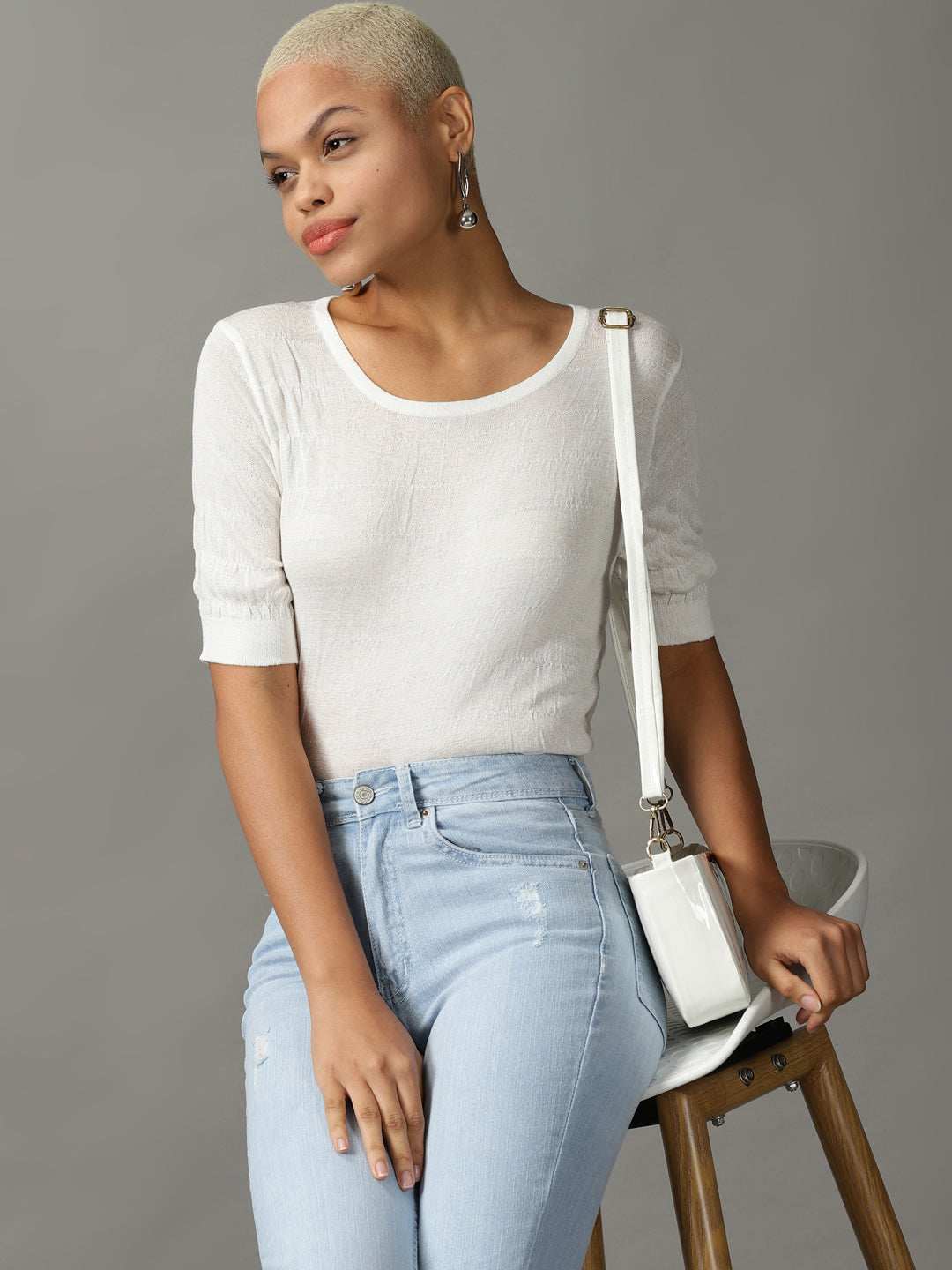 Women's White Solid Fitted Top