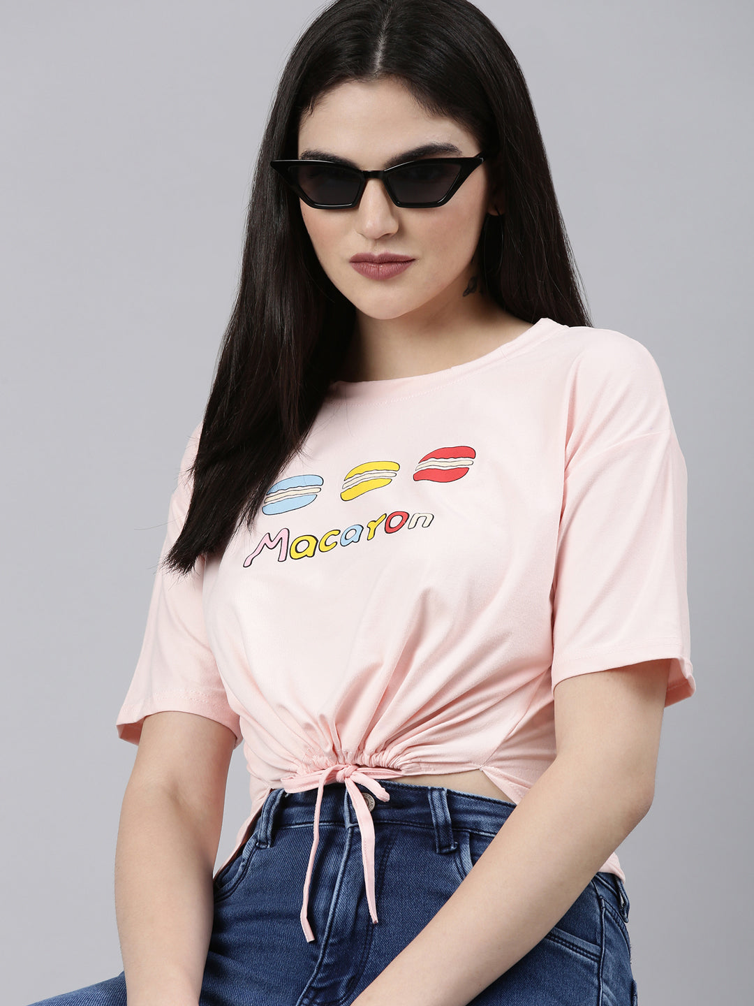 Round Neck Printed Peach Cinched Waist Crop Top