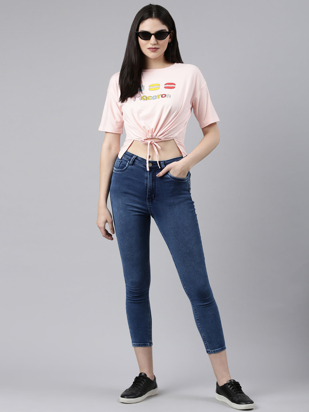 Round Neck Printed Peach Cinched Waist Crop Top