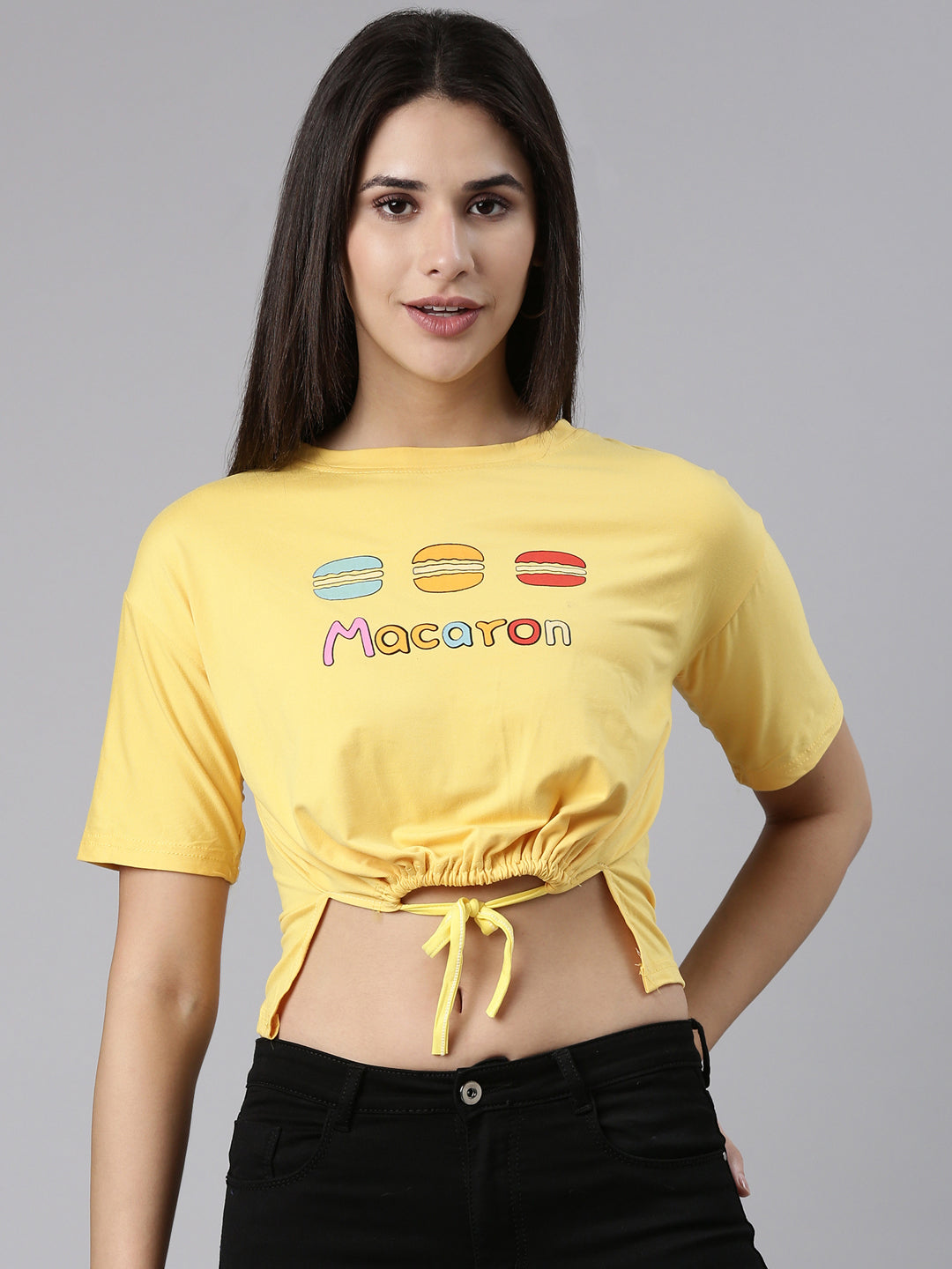 Round Neck Printed Yellow Cinched Waist Crop Top