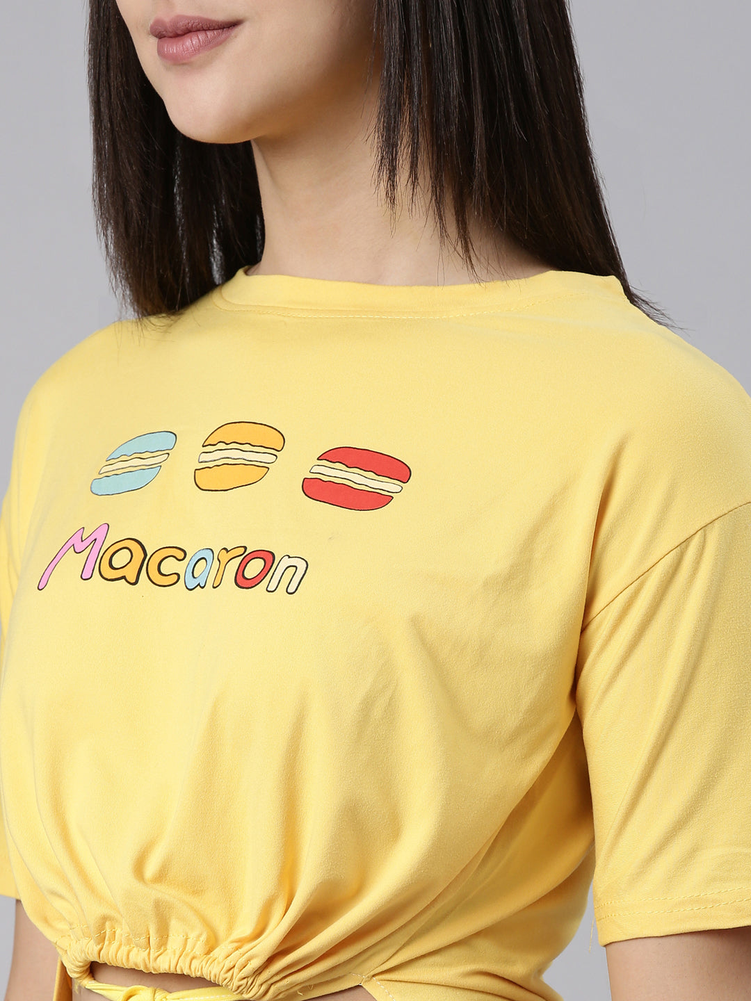 Round Neck Printed Yellow Cinched Waist Crop Top