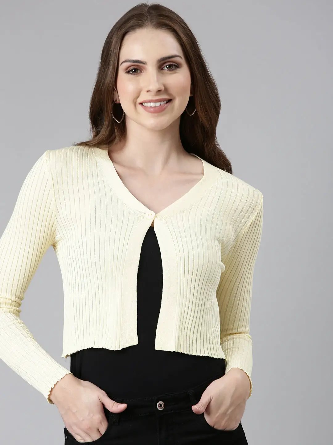 Women's Yellow Solid Front-Open Crop Sweater