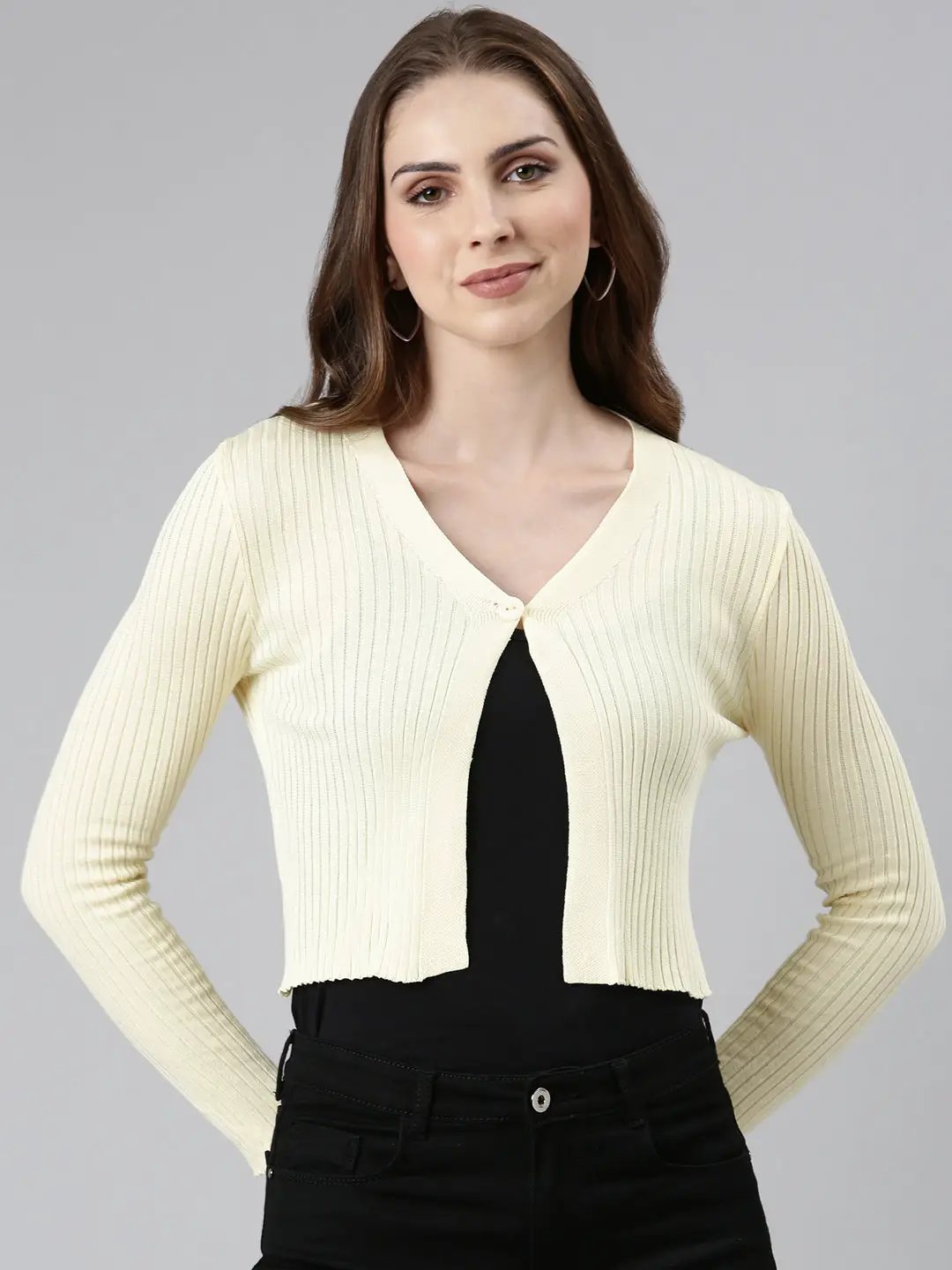 Women's Yellow Solid Front-Open Crop Sweater