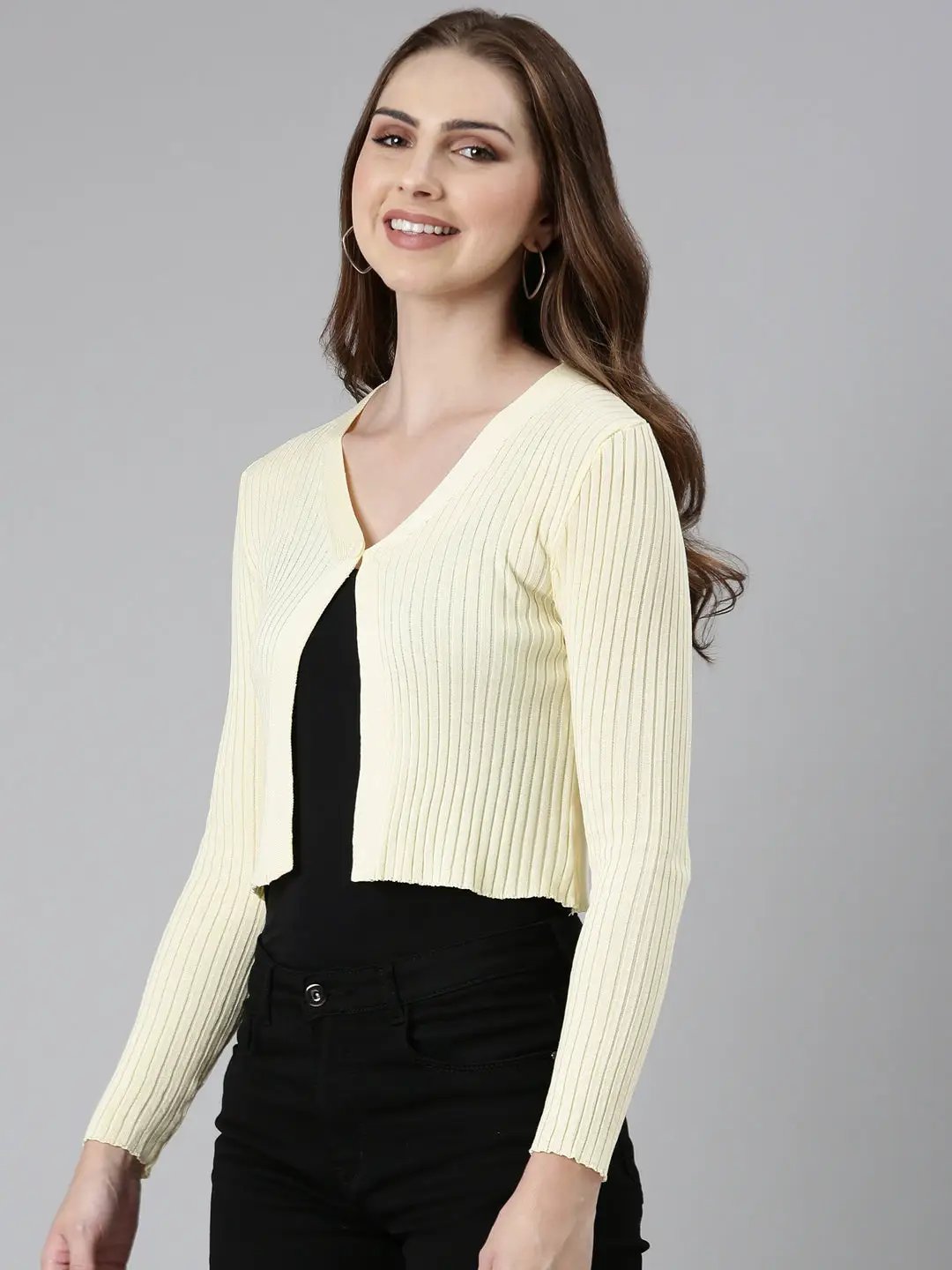 Women's Yellow Solid Front-Open Crop Sweater
