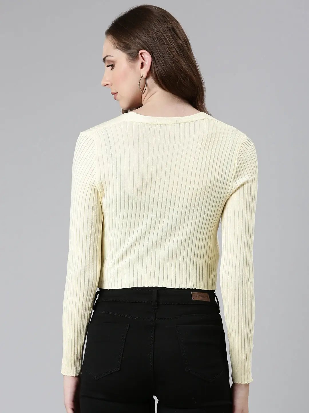 Women's Yellow Solid Front-Open Crop Sweater