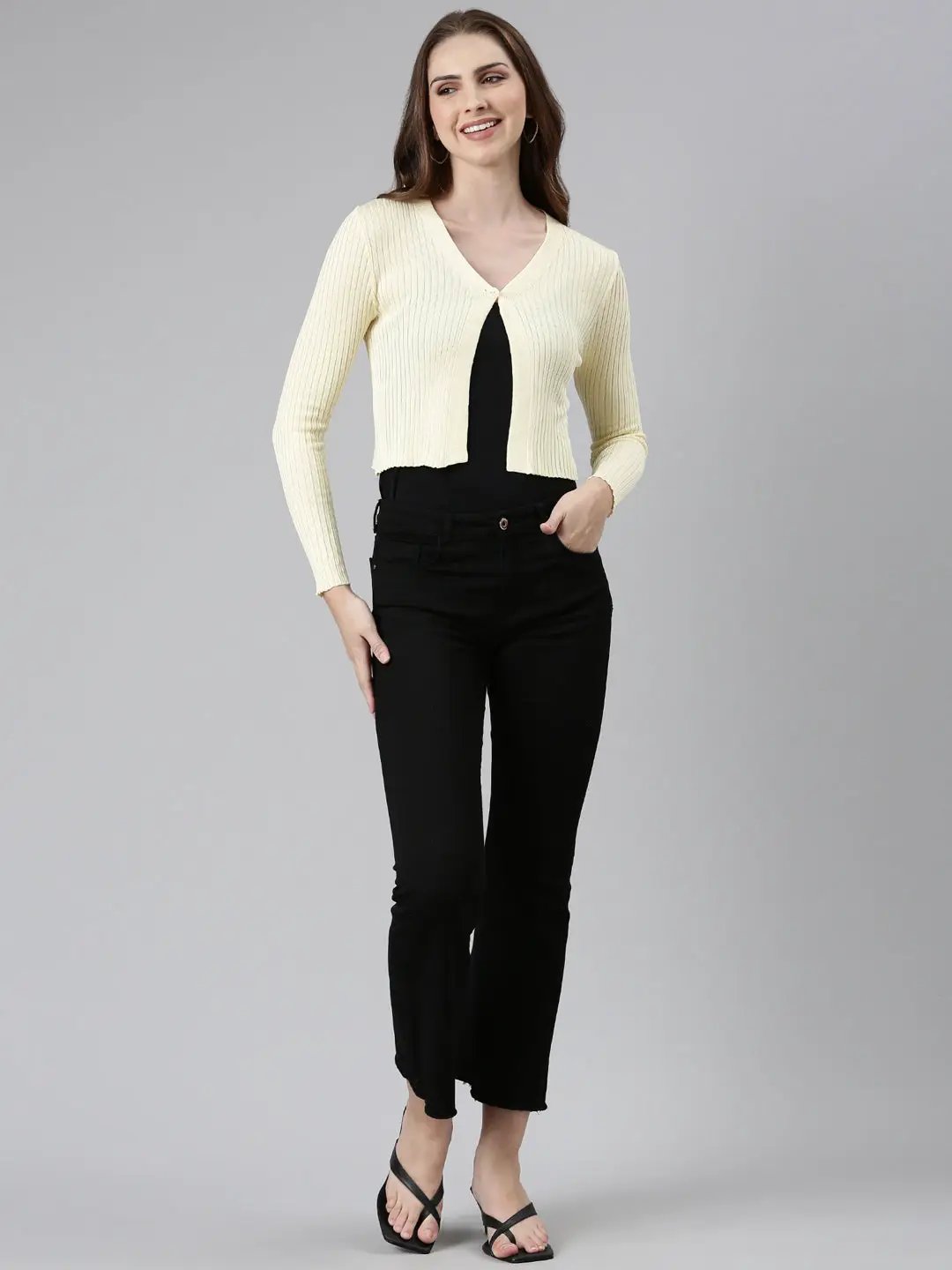Women's Yellow Solid Front-Open Crop Sweater