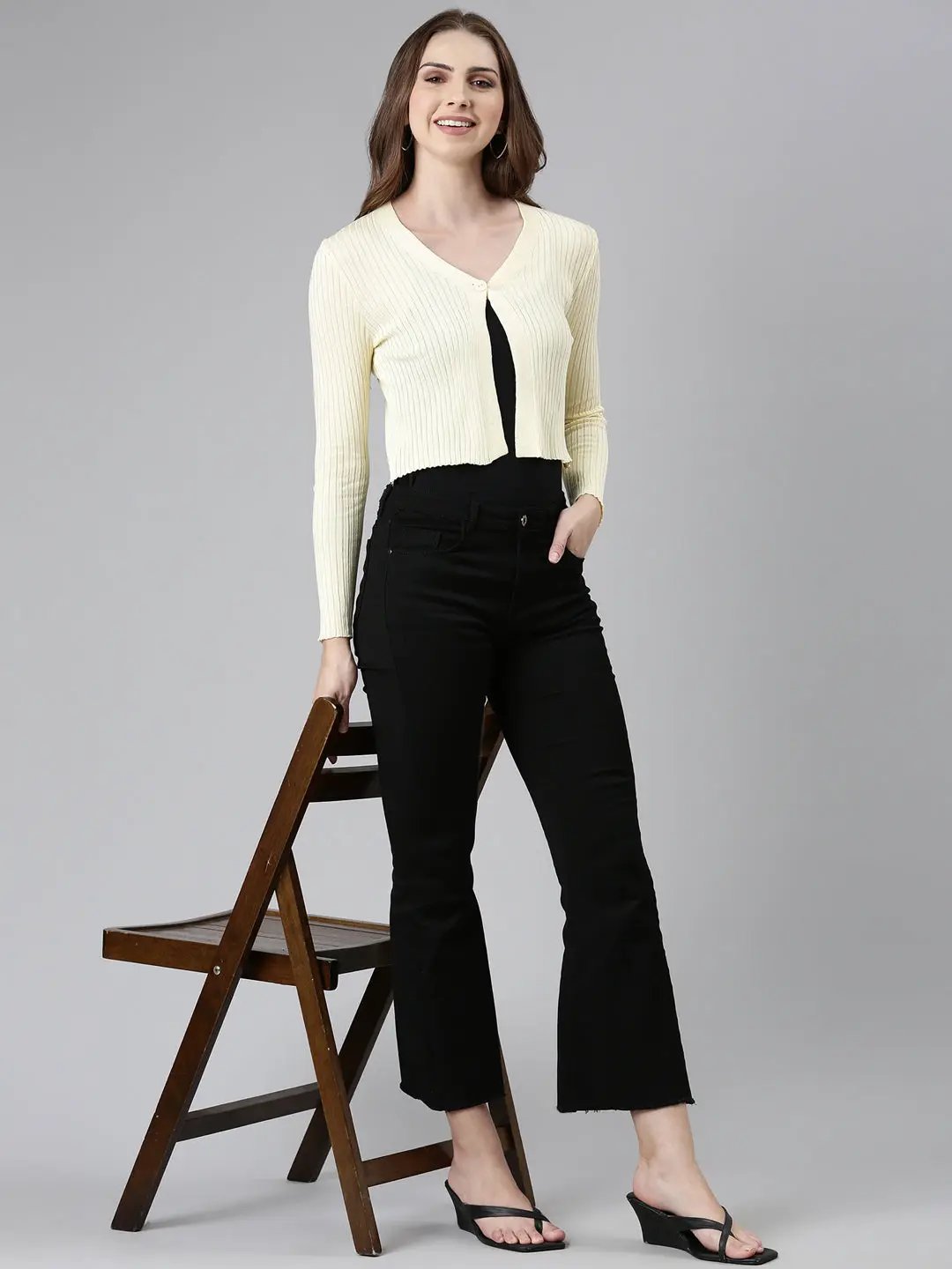 Women's Yellow Solid Front-Open Crop Sweater