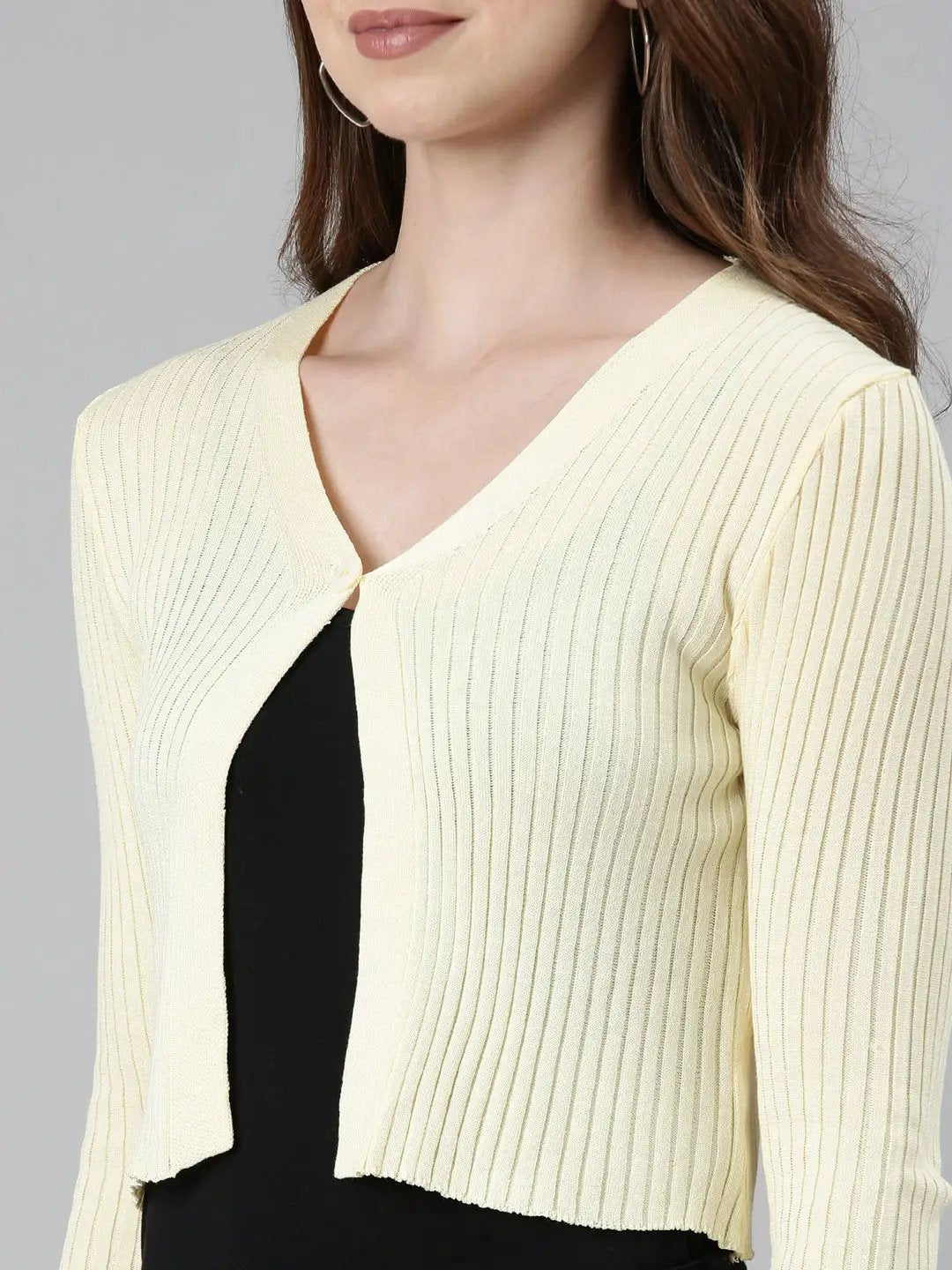 Women's Yellow Solid Front-Open Crop Sweater