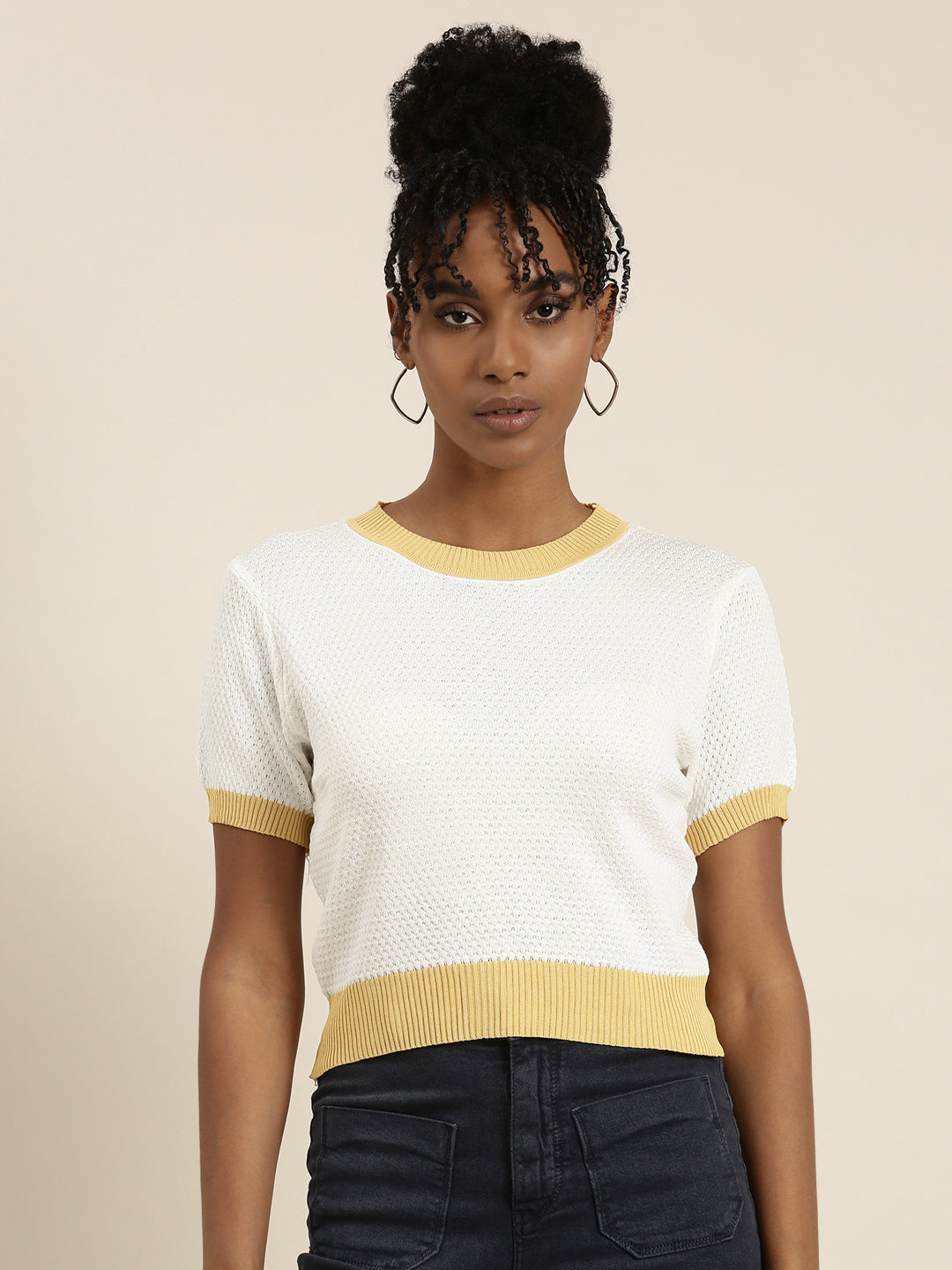 Round Neck Solid White Regular Top