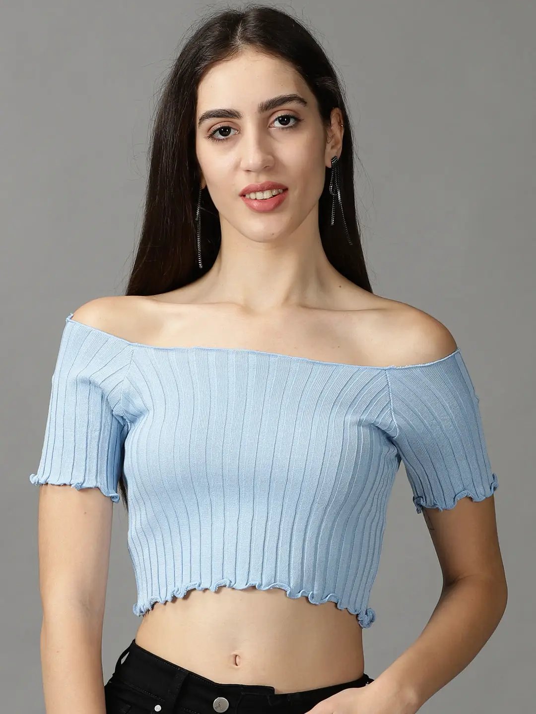 Women's Blue Solid Fitted Crop Top