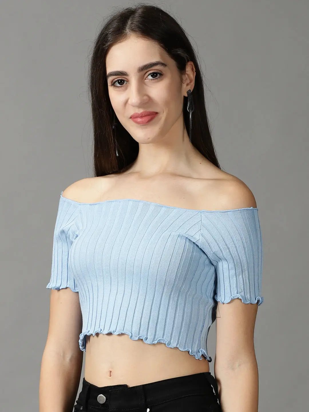 Women's Blue Solid Fitted Crop Top